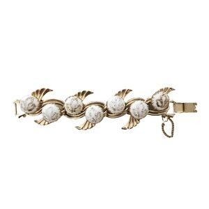 Vintage Mid-Century Costume 1950s Gold Leaf Cabochon Bracelet White Glass